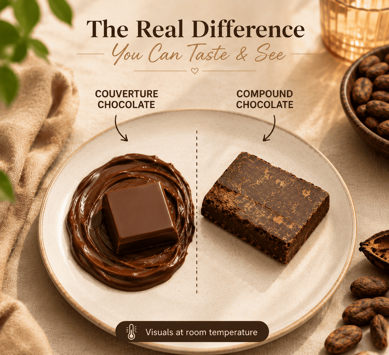 Comparison of pure couverture chocolate and compound chocolate at room temperature, showing the smooth melt of couverture chocolate versus the firmer texture of compound chocolate.